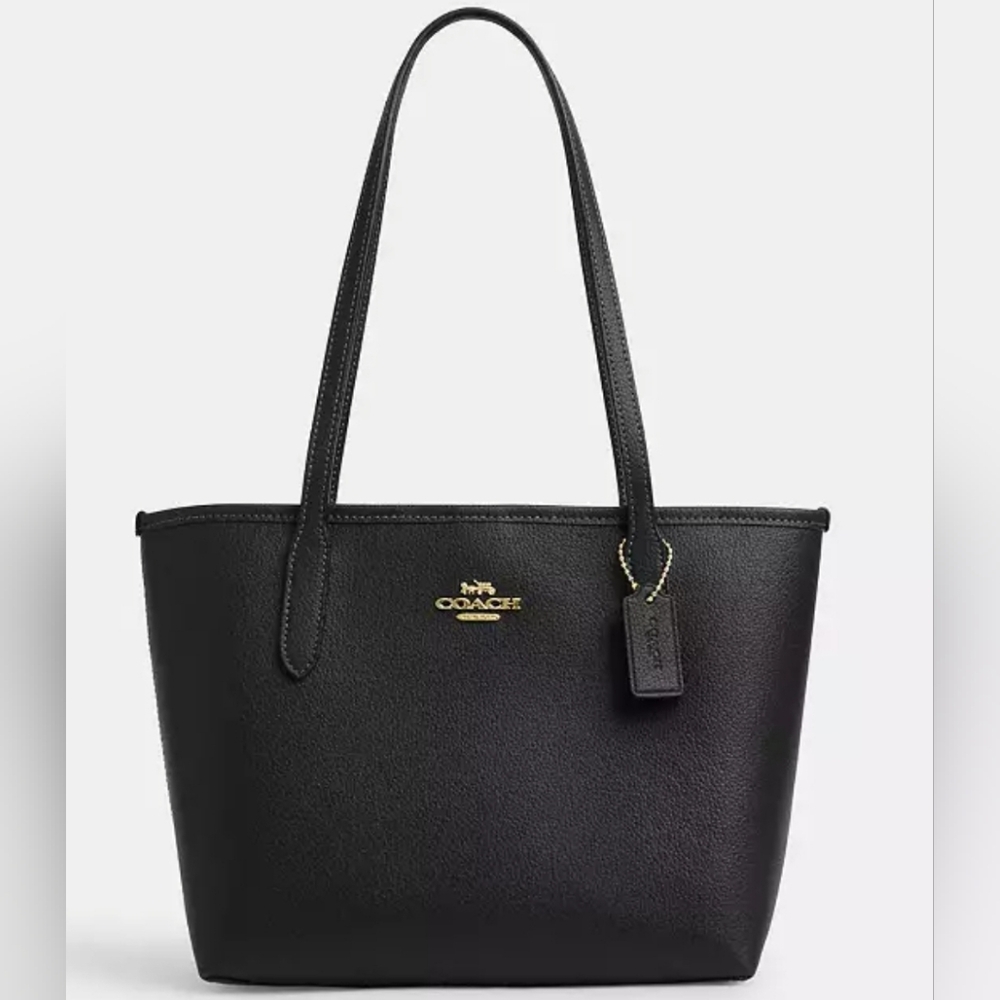 Coach Black Leather Tote with Signature Design- Small City Tote